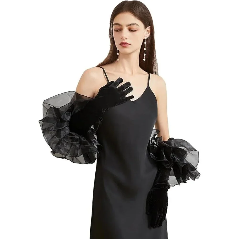 Women's Elegant Evening Black Opera Velvet Ruffled Long Puff Sleeve Gloves